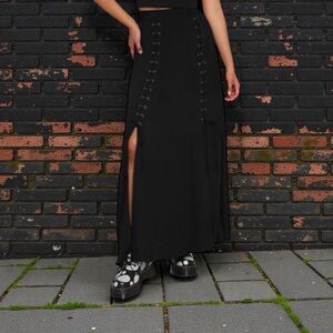 Holy Clothing S/M Black Maxi Skirt  Grommets Laced Slits Unlined Goth Grunge